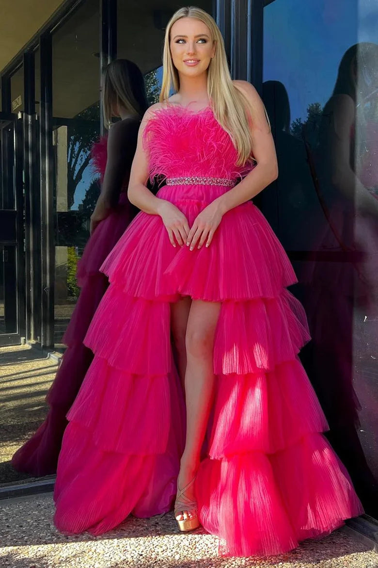 Vestido de fiesta de plumas, corte A, hombros descubiertos, tirantes alto-bajo